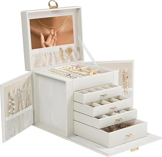 5-Layer Jewelry Box with 4 Drawers, Huge Portable Jewelry Organizer with Lock and Mirror for Women, for Necklace Ring Earring Bracelet Storage, Lockable Jewelry Case, White