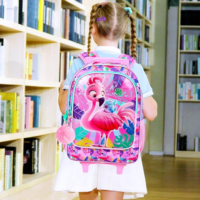 Girls Rolling Backpack, Cute Flamingo Roller Wheels Kids Bookbag - Wheeled Elementary School Bag - 3PCS Flamingo