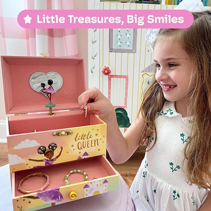 Jewelkeeper Jewelry Box for Girls - 2-Drawer Music Box with Little Queen Ballerina Dancing to Swan Lake, Cute Pink Design, Keepsake Storage for Treasured Accessories - 6.75 x 5.25 x 6 inches