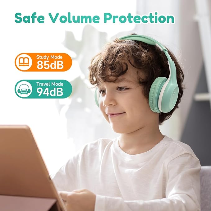EarFun K2 Kids Bluetooth Headphones, Kids Headphones with Volume Limited, 40H Playtime, Built-in Mic, Stereo Sound, Foldable Over-Ear Headphone for School/Travel/iPad/Tablet, Green