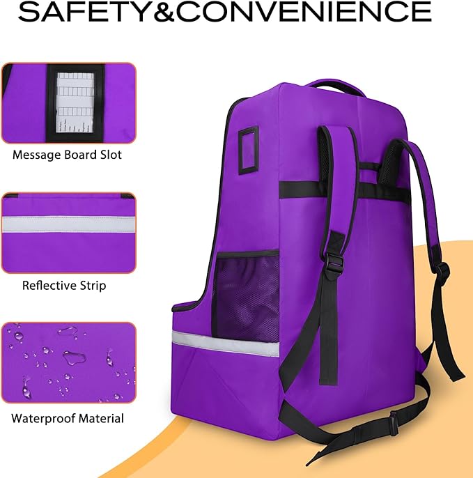 Car Seat Travel Bag for Airplane,Infant Seat Travel Bag with Shoulder Strap,Padded Car Seats Backpack with Reflective Stripes,Large Carseat Carrier Bag Travel Car Seat Cover,Purple