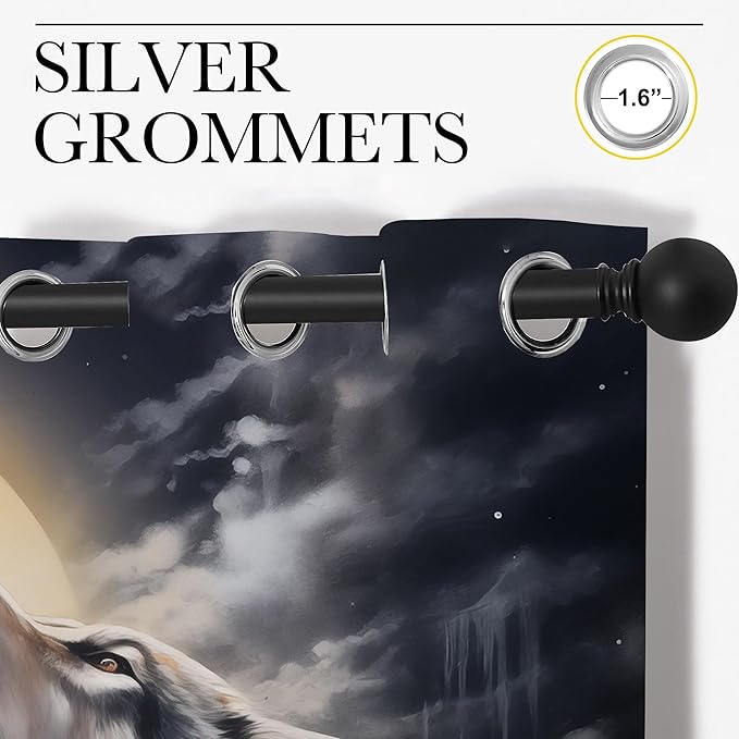 Fantasy Wolf Blackout Curtains for Boys Girl Bedroom Decor,Full Moon Starry Sky Wildlife Retro Thermal Insulated Grommet Drapes Darkening Window Curtain for Living Room Home 72x63 inch
