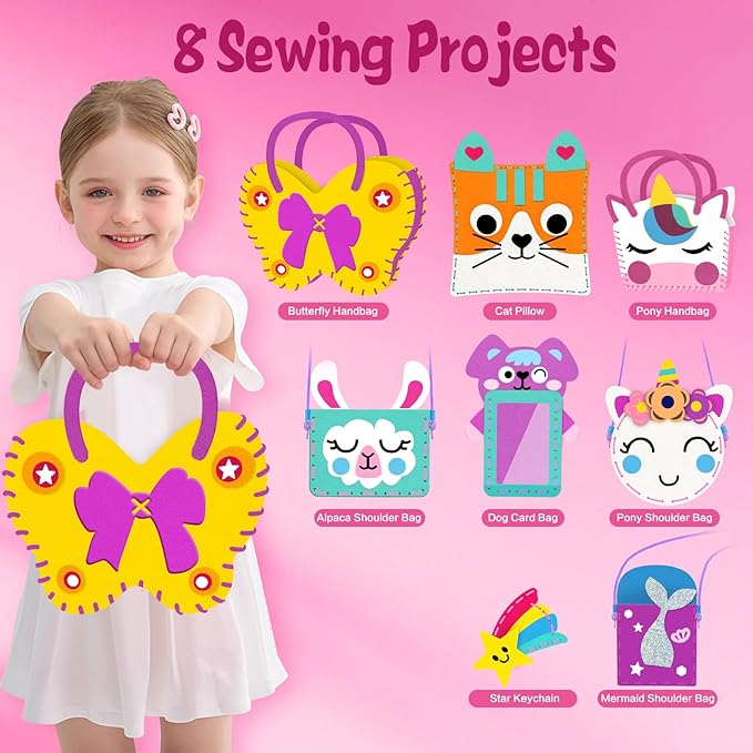 MEGUO Sewing Kit for Kids,Beginner Arts and Crafts, 8 Easy DIY Handbag and Ornaments, Christmas Birthday Gifts Presents Toys for Girls 4-12, Learn to Sew/Embroidery,Parent-Child Interaction