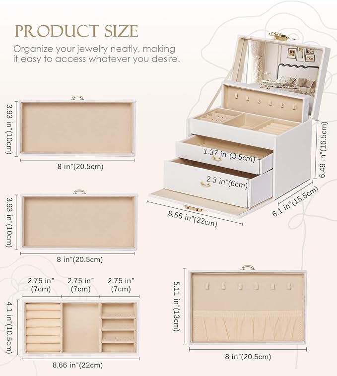 Jewelry Box with Lock for Girls: Jewelry Organizer for Dresser - 3-Drawer Earrings Storage Girls Women Gift (White)