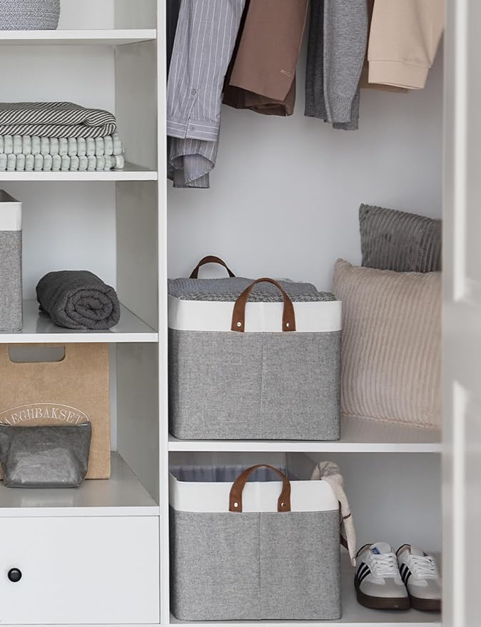 StorageWorks Storage Bins, Fabric Storage Bins for Shelves, Large Storage Baskets with Metal Frame, Closet Baskets and Bins with Handles, Gray and White, 2-Pack