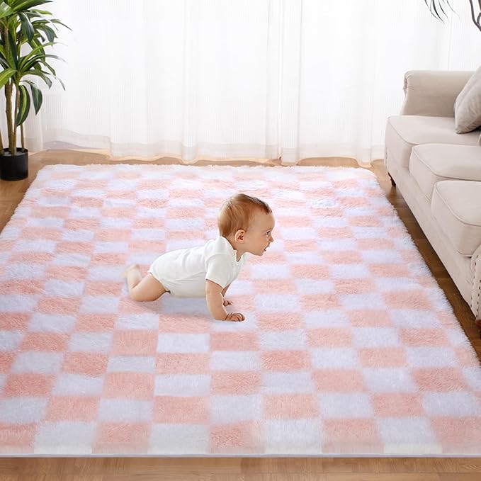 Super Soft Rug for Bedroom, 3x5 Ft Pink and White Area Rug Classic Checkered Shaggy Anti-Skid High Pile Soft Fluffy Rug Fuzzy Carpet for Living Room Bedroom Kids Room Nursery, Dorm Home Decor