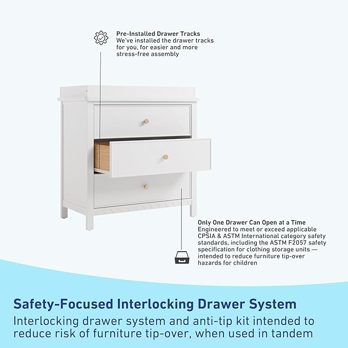 Graco Sasha 3-Drawer Chest with Changing Table Topper (White) – GREENGUARD Gold Certified, Nursery Bedroom Wood Chest with Spacious Storage, Interlocking Drawer System, Pre-Installed Tracks