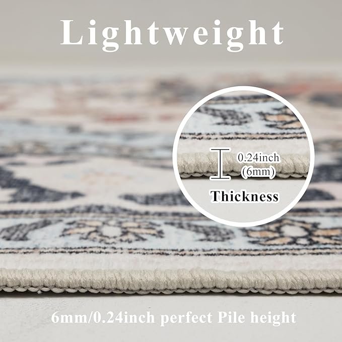 Washable 6x9 Area Rug for Living Room, Carpet for Bedroom Dining Room, Non Slip&Non-Shedding Resistant Low Pile Vintage Print Rug for Home Office (Blue/Gray)