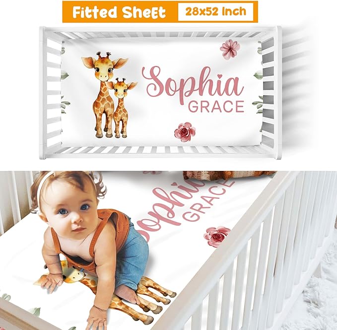 Custom Crib Bedding Set - Giraffe Design Personalized Name Baby Nursery Bed 3 Pcs Set - Chic Soft Blanket with Dotted Backing, Sheet, Pillowcase for Newborn Girls Boys Gifts Color20