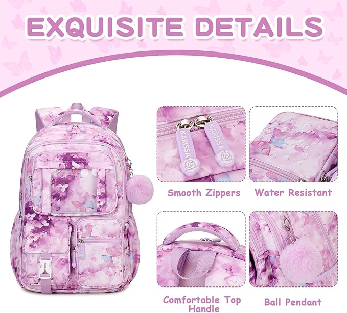 Kids Backpack for Girls School Bags for Middle School Students Book Bag for Elementary Primary Kawaii Ita Backpack, Purple Butterfly
