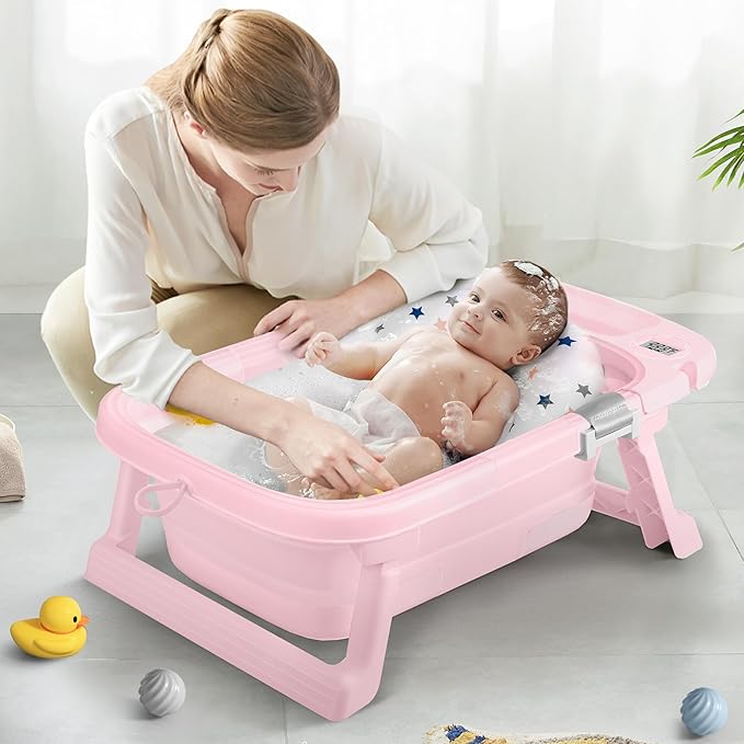 Collapsible Baby Bathtub,Baby Bath Tub with Thermometer & Soft Cushion,Baby Bathtub for Newborn to Toddler 0-36 Months,Portable Travel Baby Tub with No-Slip Feet,Baby Shower Gifts,Pure Pink