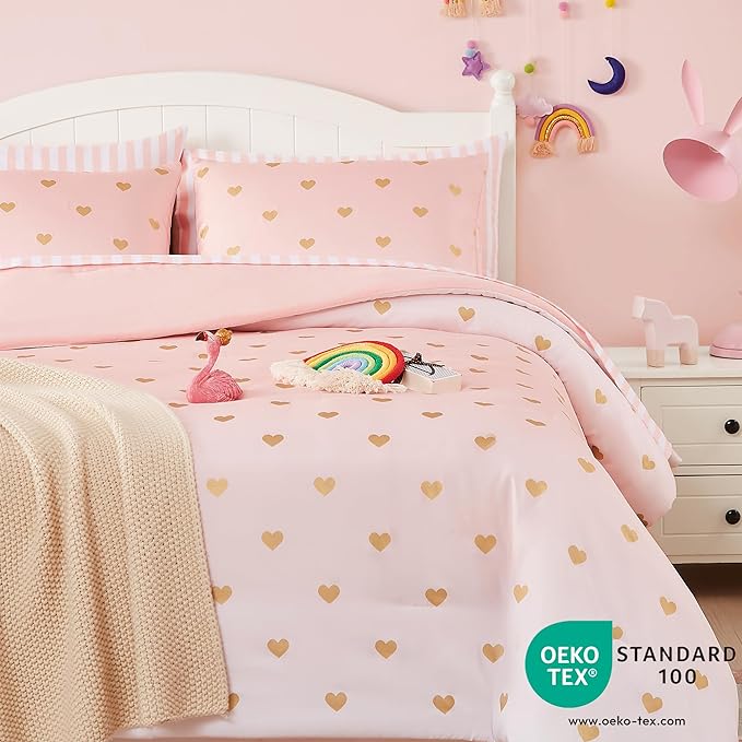 Twin Comforter Set with Sheets for Girls-5 Pieces Twin Bedding Sets with Pink Comforter, Sheets, Pillowcase & Sham for Kids (Pink Gold Heart, 66" X 86")