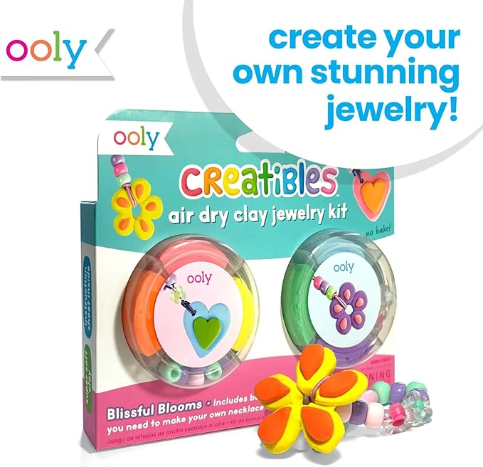 Ooly Creatibles Air Dry Clay Jewelry Kit for Kids, DIY Art Jewelry Making Kit with 6 Clay Colors, Beads, Shaping Tool, and Elastic Yarn, Non-Toxic Summer Crafts for Kids Ages 6 and Up