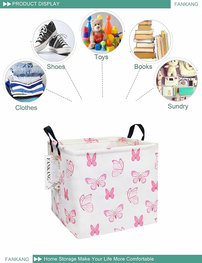 FANKANG Square Nursery Hamper Storage Bins Canvas Laundry Basket Foldable with Waterproof PE Coating Storage Baskets Gift Baskets for Children, Office, Bedroom, Clothes（Square-pink butterfly ）
