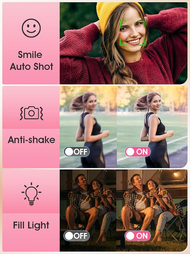 Digital Camera,Autofocus 4K Vlogging Camera for Photography with 32GB Card,48MP Portable Compact Point and Shoot Digital Camera for Teens Adult Beginner with 16X Zoom,Anti-Shake,2 Batteries(Pink)