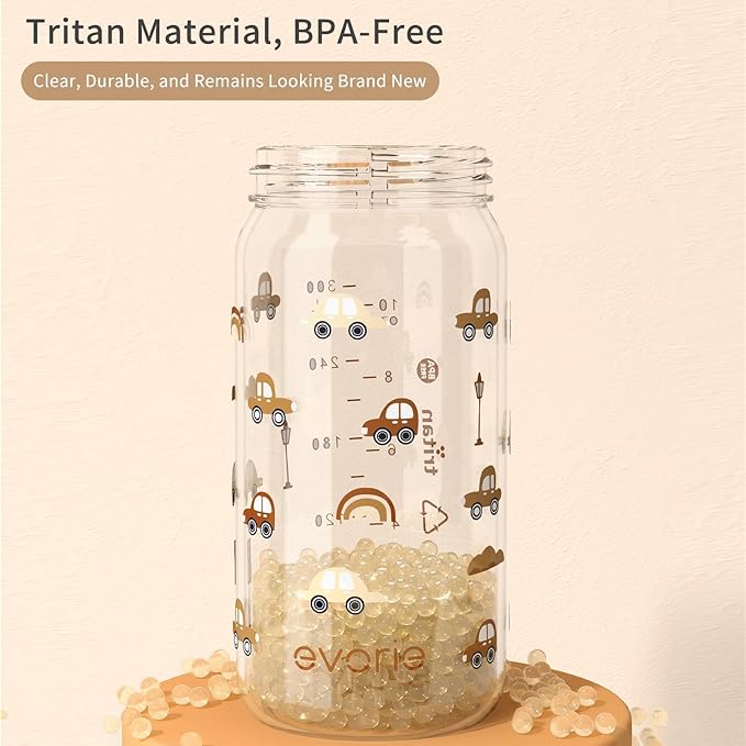 Evorie Tritan Spill Proof Toddler Straw Sippy Cup, 10 oz for Baby and Toddlers 1-3 Years Old, No Spill Straw Water Bottle with Removable Handles, Ideal for School, BPA-Free, Choco Car (NEW)