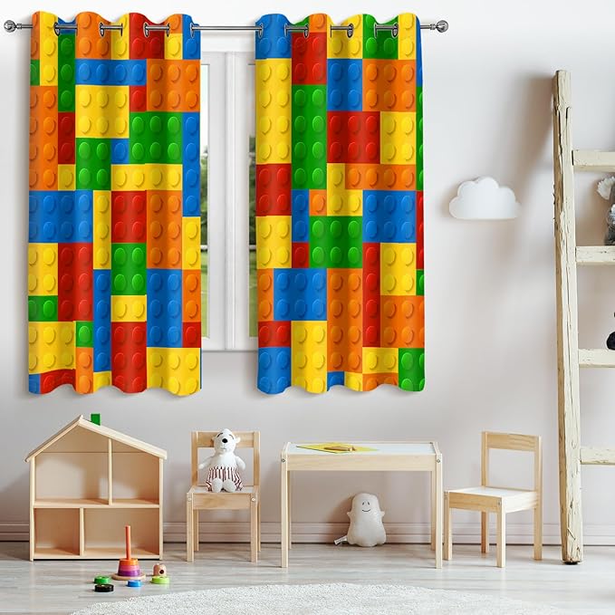 Jekeno Colorful Building Blocks Blackout Curtains - Kids Boys Girls Teens Abstract Geometric Toy Curtains Toddlers Bedroom Playroom Blue Red Yellow Decor Grommet Window Drapes 2 Panel Set, 42"x54"
