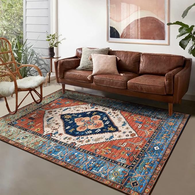 Lahome Boho Rugs for Living Room - 4x6 Area Rug Machine Washable Bedroom Rugs Non-Slip Low-Pile Entryway Carpet Throw Oriental Distressed Kitchen Indoor Floor Carpet for Dining Room Bathroom Office