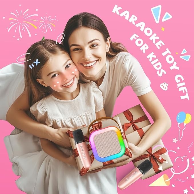 【2025 Newest】 Mini Karaoke Machine for Kids Girls & Boys - Portable Bluetooth Speaker with 2 Wireless Microphones - Kids Birthday Gifts for Ages 4-10 - Kids' Instrument Accessories - Rose Gold