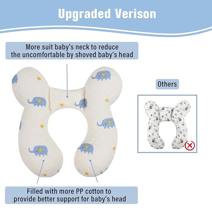 vocheer Baby Neck Pillow(Upgraded),Cotton, Baby Support Pillow, Car Seat Pillows for Newborn, Carseat Head and Body Support, Infant Travel Pillows for Prams, Pushchair, Stroller, Bouncer, Elephant