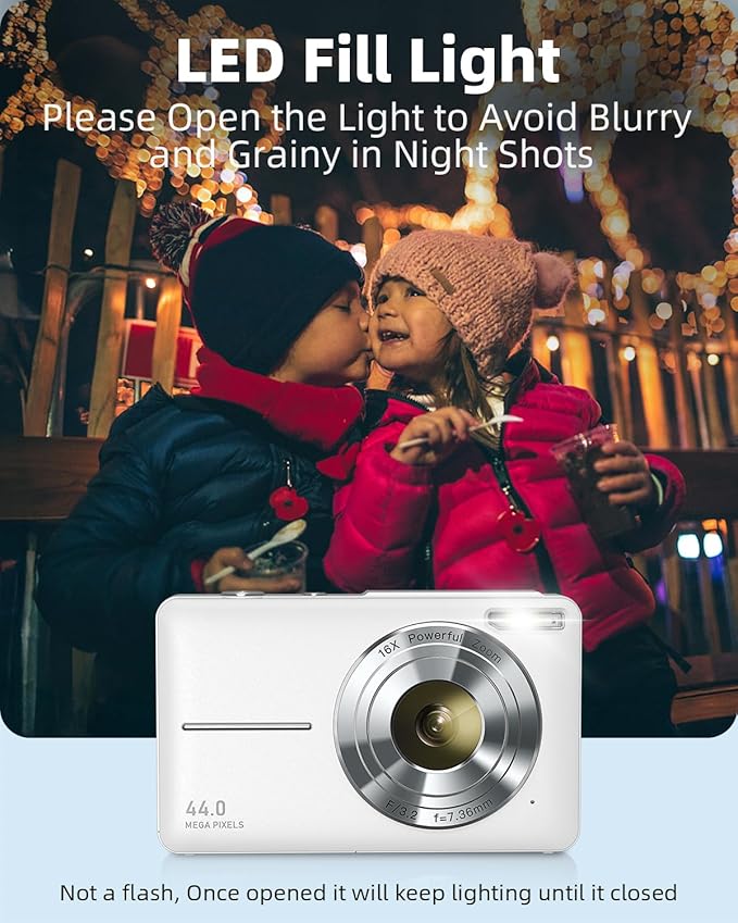 Digital Camera for Kids and Starters, FHD 1080P Point and Shoot Camera with 32GB Card 16X Zoom Anti Shake, Gift for Boys Girls Kids, White