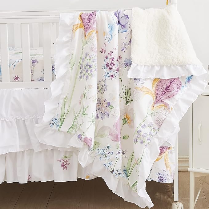 Brandream Gilrs Floral Bedding Boho Baby Bedding Watercolor Farmhouse Nursery Crib Blanket Set 3 Piece, Fitted Sheet, Skirt