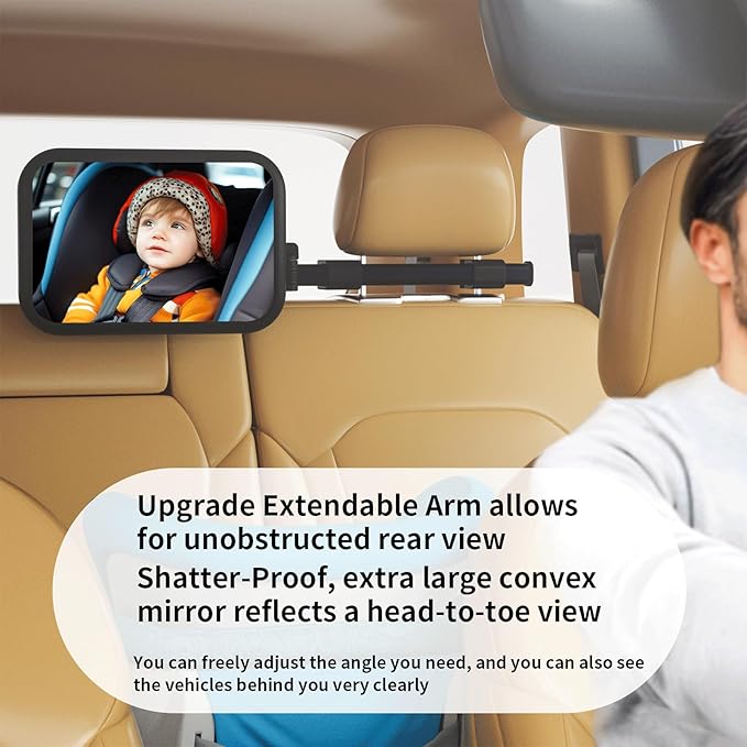 Baby Car Mirror Rear Facing, Safety Adjustable Car Seat Mirror for Baby Extendable Camera Monitor with Hook Clip Design Clear View ShatterProof + 2 Baby on Board Stickers,2 Seat Headrest Hook
