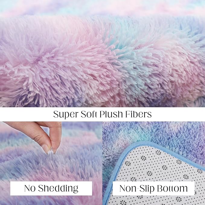 Rainbow Rug for Girls Room, 3x5 Fluffy Area Rugs for Bedroom, Colorful Kids Rug Cute Anti-Skid Indoor Carpet for Nursery, Living Room, Playroom, Home Decor
