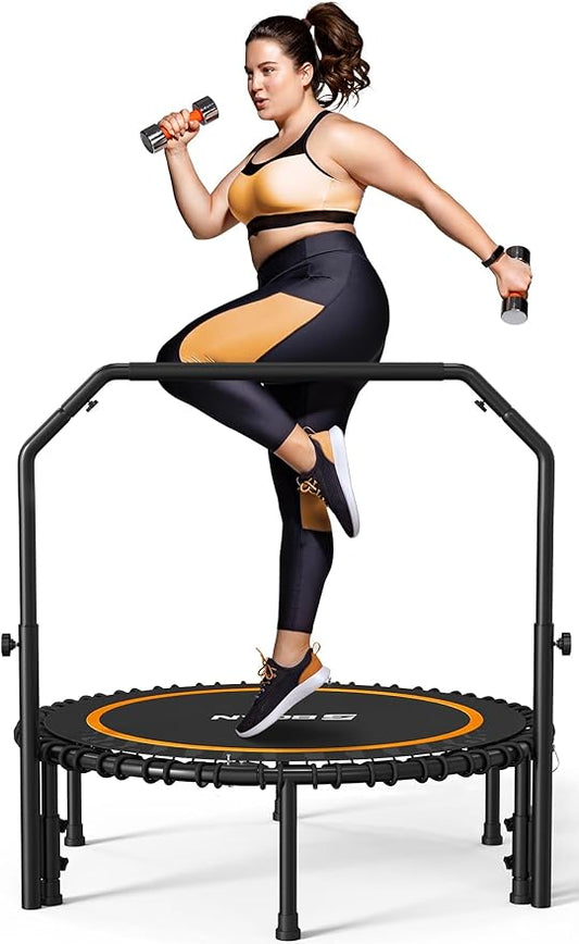 BCAN 40"/48" Mini Rebounder Trampoline for Adults with Bar, 450/550LBS Fitness Trampoline with Bungees, Adjustable Handle, Stable & Quiet, Indoor Outdoor, Whole-Body Workout & Relaxation at Home