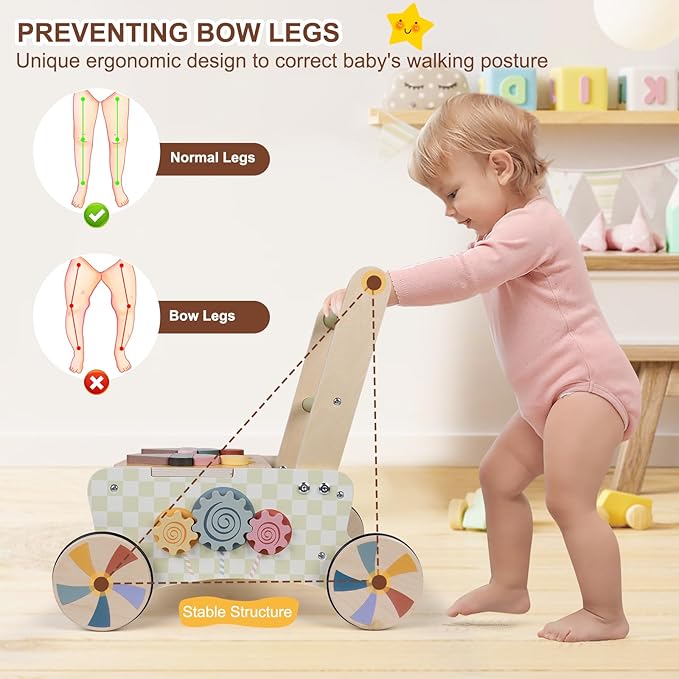 Wooden Baby Walker, Baby Push Walker, Montessori Kitchen Walker Toy, Push and Pull Learning Activity Walkers, Baby Walker with Wheels for Boys&Girls 12 Months, Baby Walker Push Toy Gifts for Toddler