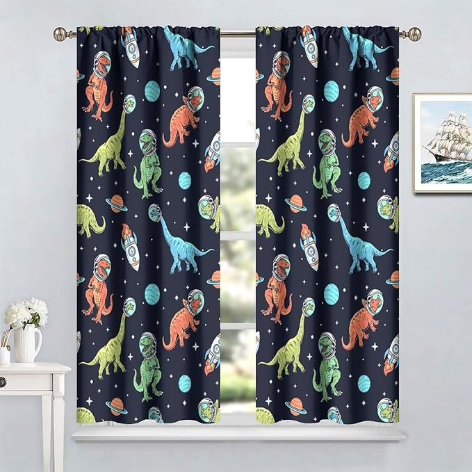 Cartoon Dinosaur Curtains for Kids Boys Girls Home Decor, Astronaut Rocket Funny Outer Space Blackout Rod Pocket Window Drapes for Bedroom Living Room W26xL84in 2 Panels