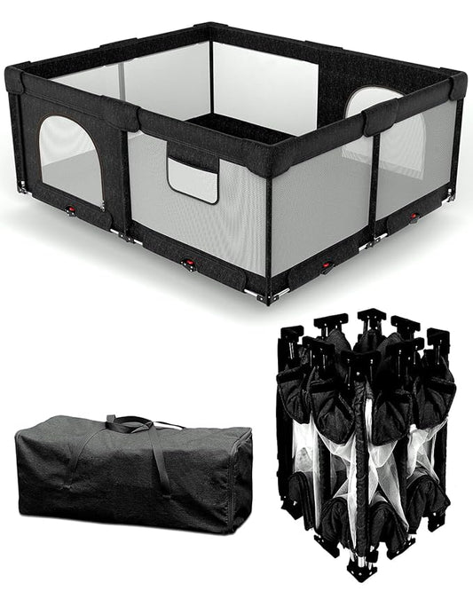 Foldable Baby Playpen with Non-Removable Thick Mat, Extra Large Collapsible Play Yard for Babies & Toddlers, Portable Travel Playpen with Gate, Safe Activity Center (59"×71" Black)
