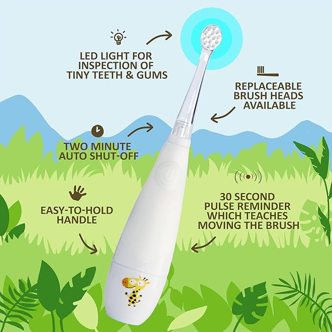 Jack N' Jill Kids Tickle Tooth Sonic Electric Toothbrush and Replacement Head, LED Brush Head with Light Timer and 30 Second Pulse Reminder, Extra Soft Bristles Suitable from 0-6 Years