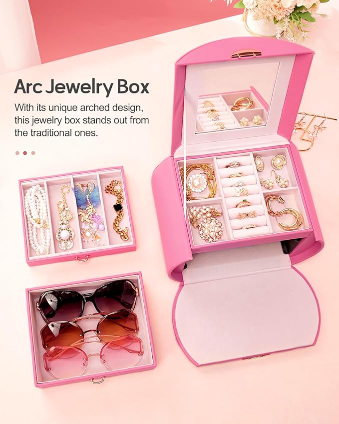 Homde Girls Jewelry Box Jewelry Storage Case Organizer with Mirror for Rings, Earrings, Bracelets, Necklaces (Pink + Gold)