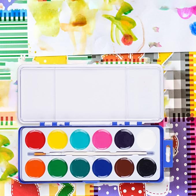 Watercolor Paint Set for Kids, 12 Colors, 24 Pack Washable Water Colors for Party Favors, Gifts, Classroom Supplies (Wood Brushes Included)