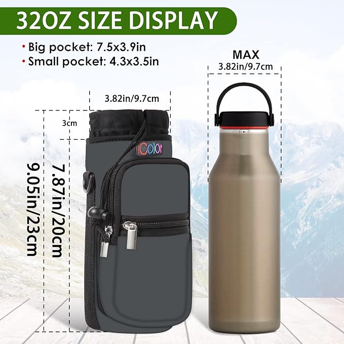 icolor Water Bottle Carrier Bag with Strap 25/32/40 oz Crossbody Bottle Holder with Phone Pocket Sling Sleeve Insulated Neoprene Water Bottle Pouch for Walking Travelling