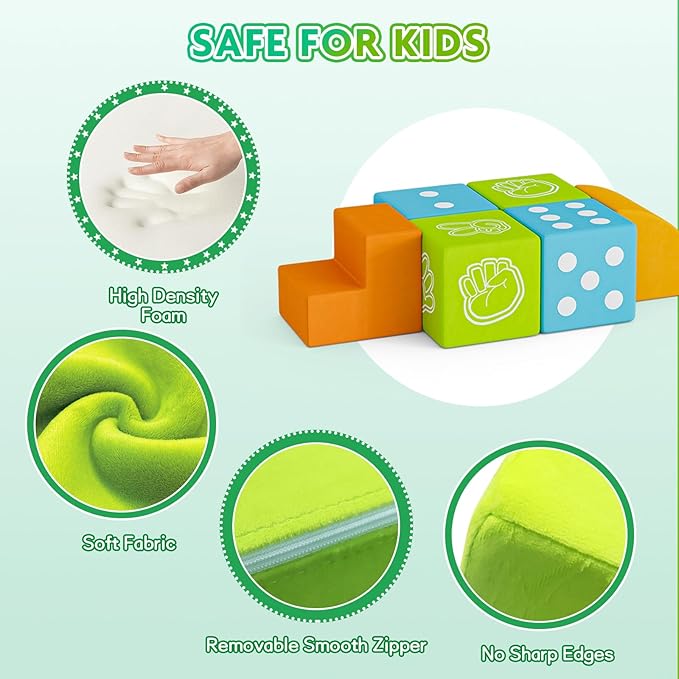 UMOMO 6 PCS Foam Climbing Blocks for Toddlers, Dice & Rock-Paper-Scissors Game Modes, Colorful Modular Play Set for Kids - Safe Indoor Activity Toy for Preschool Playroom (Green-Blue)