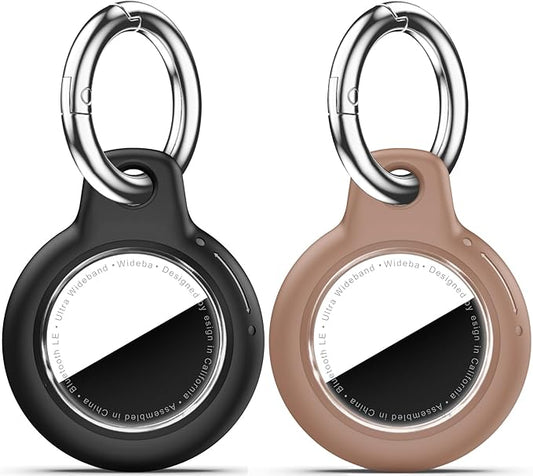 Upgrade Waterproof 2 Pack Airtags Holder with Apple Airtags Keychain, Hard PC Air Tag Case, Anti-Scratch & Shock Air tag Holder, Men's Women's Keyrings & Keychains-Black+Light Brown