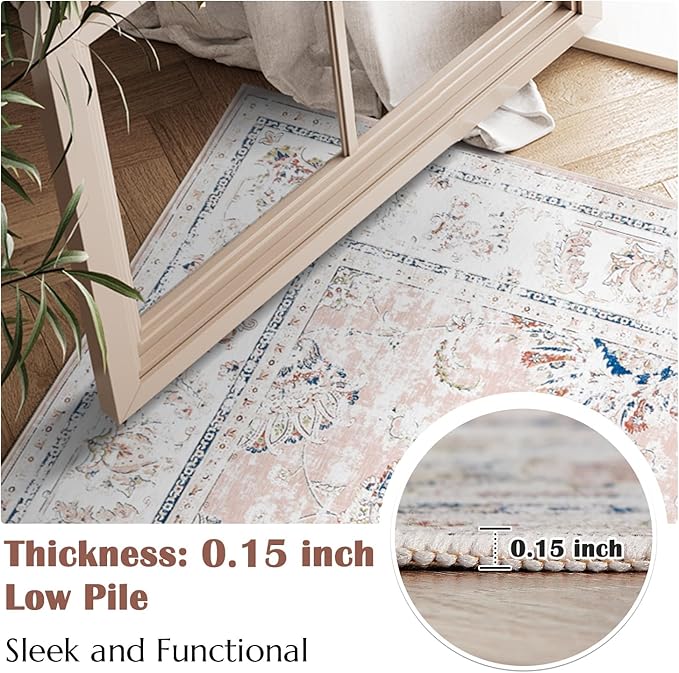 jinchan Vintage Floral 5x7 Area Rugs for Bedroom - Machine Washable Distressed Design Stain Resistant Boho Carpet Ultra-Thin Low Pile Non-Slip for Living Room Dining Room Kitchen (5‘x7',Pink)