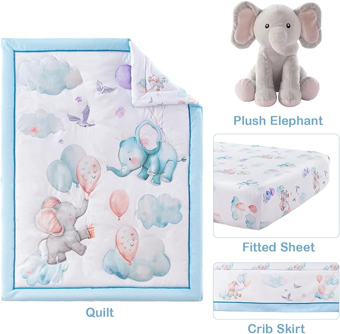 4 Piece Crib Bedding Set for Boys Girls, Infant Toddler Nursery Baby Bedding Sets Includes Cartoon Quilt, Fitted Crib Sheet, Crib Skirt and Plush Elephant Toy