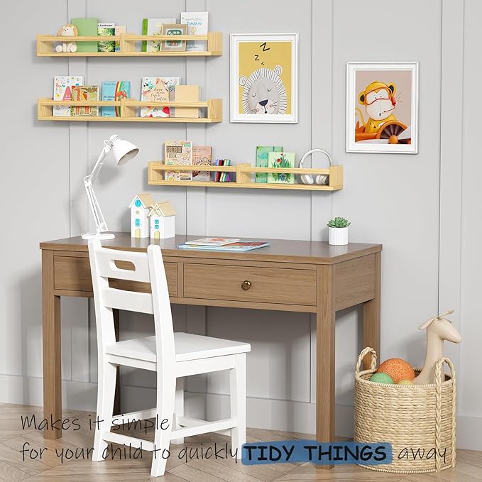 Floating Nursery Book Shelves for Wall, 32 Inch Long Bookshelf for Kids Room, Wooden Large Wall Shelf with Hanging Rod for Baby Toddler Child Bedroom (3-Pack, Natural Wood)