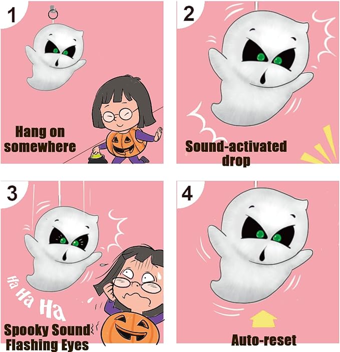 SUNLIN Interactive Halloween Ghost Cute Soft Plush Toy Gift for Adults & Kids 3+, Touch & Sound Activated Prank with Sound & Glowing Eyes, Scary Party Supplies Home Decor