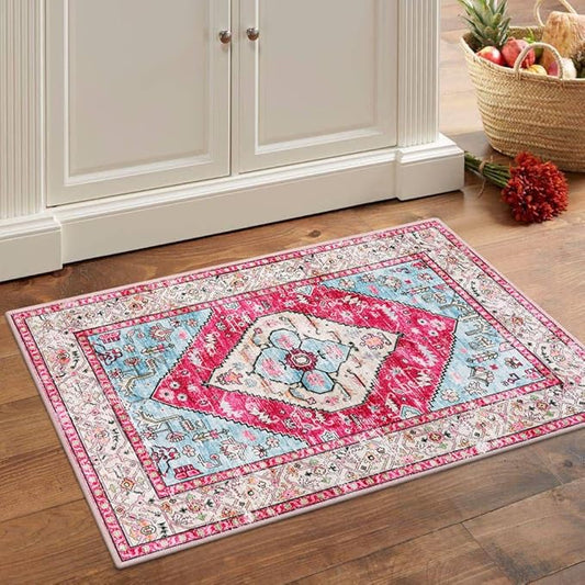 Lahome Boho Round Rug - 5Ft Washable Area Rug, Non-Slip Small Bathroom Rug, Lightweight Bedroom Throw, Oriental Distressed Print Carpet for Entryway, Sofa, Nursery, Kids Room