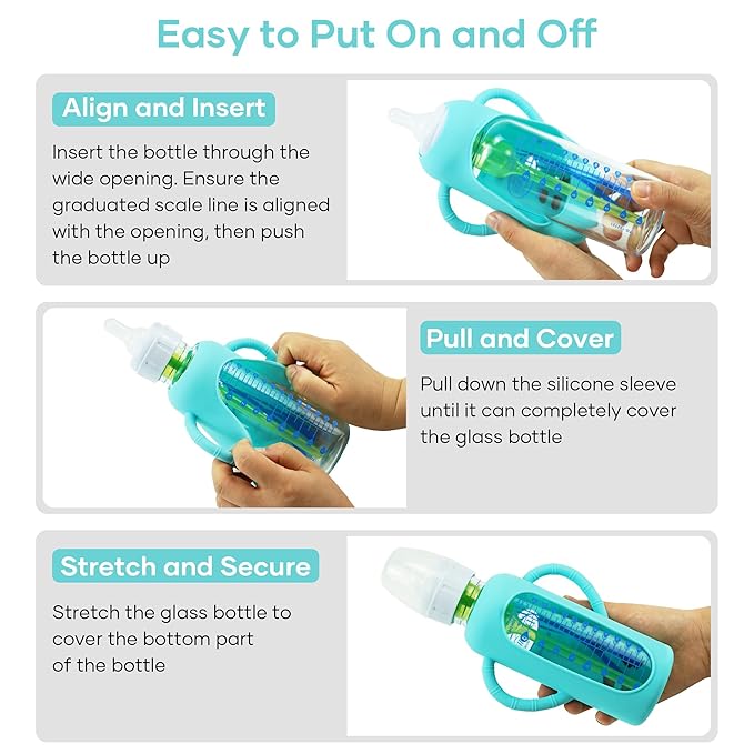 2 Pack Silicone Sleeves for Dr. Brown's Glass Baby Bottles, Anti Breakage Durable Baby Bottle Holder with Easy Grip Handles, Narrow Sleeve with a Cutout, Dishwasher/Freezer/Microwave Safe, 8 oz