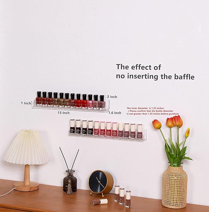 IEEK Nail Polish Rack Wall Mounted Shelf 2 Pack,Clear Kids Wall Bookshelf Acrylic Nail Polish Holder with Removable Anti-Slip End Inserts,2 Tiers Floating Polish Organizer Display 30 Bottles