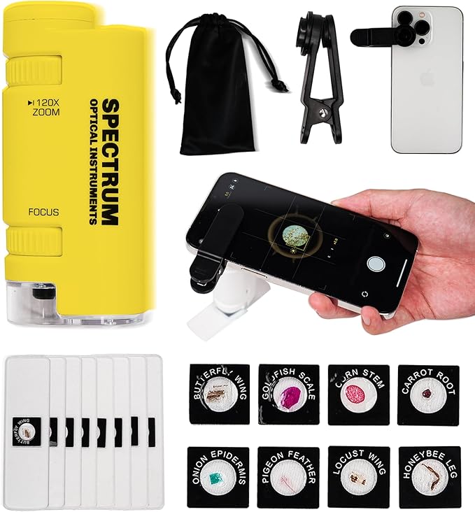 EasyMicro LED Lighted Pocket Microscope 60-120X Magnification Yellow Color