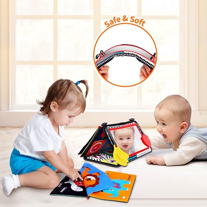 Baby Mirror Tummy Time Toys 0-3 3-6 Months Sensory Crinkle Baby Books Black and White High Contrast Baby Toys for Newborn Infant Montessori Car Seat Toys 0-6 Month Boy Girl Easter Basket Stuffers Gift
