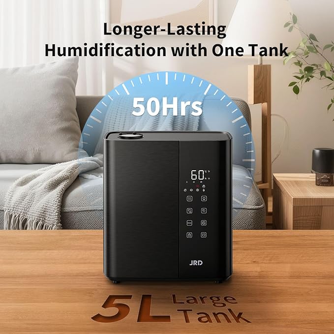 JRD Smart Humidifiers for Bedroom, 5L Warm & Cool Mist Ultrasonic Air Humidifier for Large Room Home Indoor, 50Hrs Quiet Runtime for Baby, Plants, Remote Control, Auto Humidity Sensor, 12H Timer