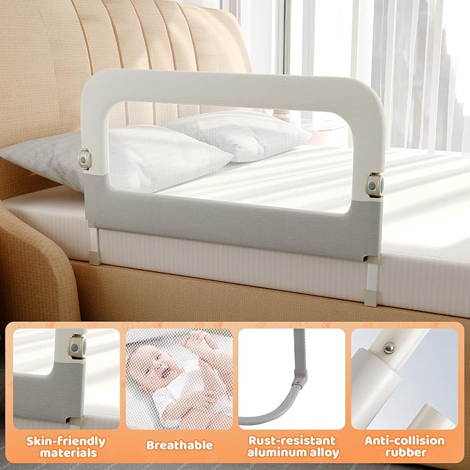 Bed Guard Rail for Toddlers - 32inch Folding up & Adjustable Heights Baby Bed Safety Rails - Portable Toddler Bed Barrier Railing Guard for Kids Twin, Bunk, Queen, Full Size Bed