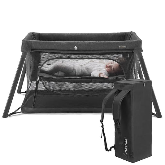 2 in 1 Portable Travel Crib for Toddler, Foldable Crib for Baby, Lightweight Playpen Collapsible Playard with Soft Mattress, Easy to Carry Baby Travel Bed for Outdoor, Indoor (Black)